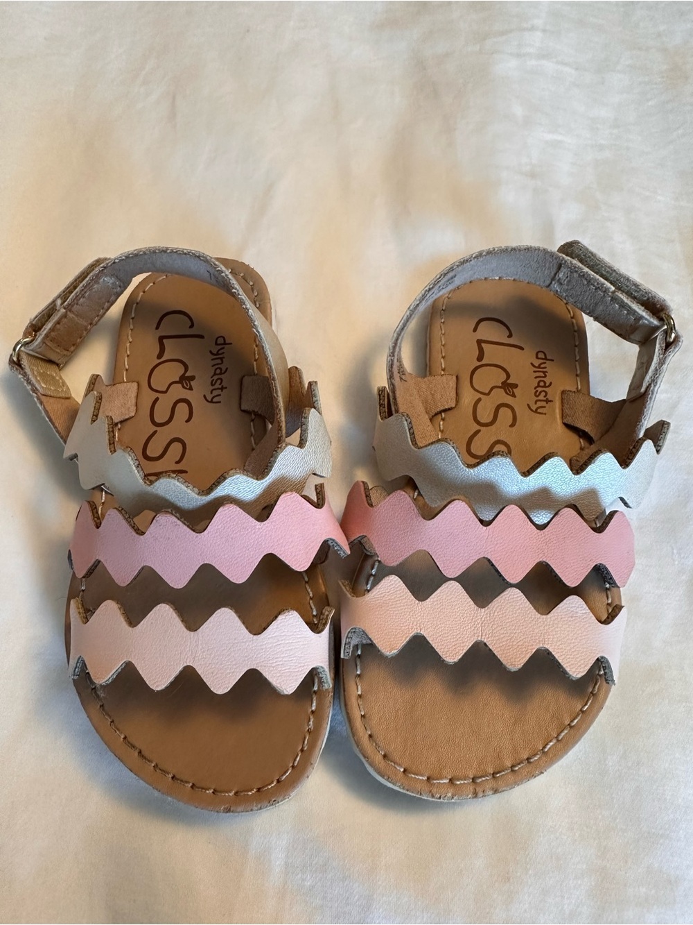Kids' Pink & White Zigzag Leather Sandals